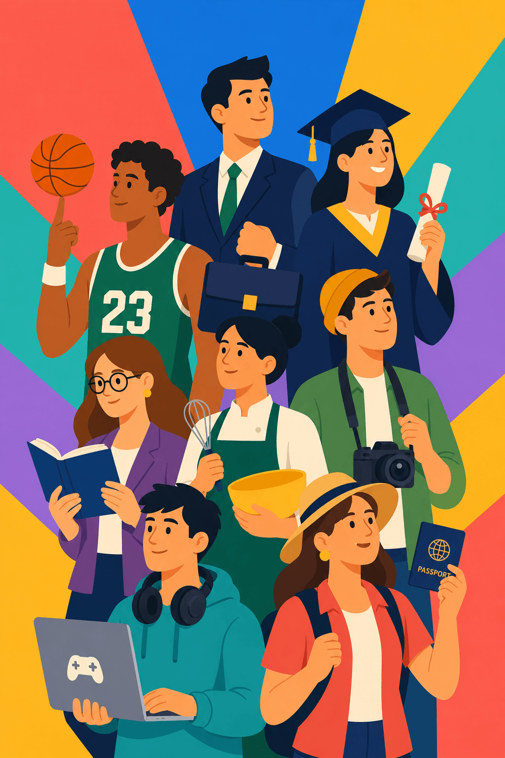 Illustration of a group of people with different lives: a basketball player, a banker, a graduate, a baker, a photographer, a student, a gamer and a traveller